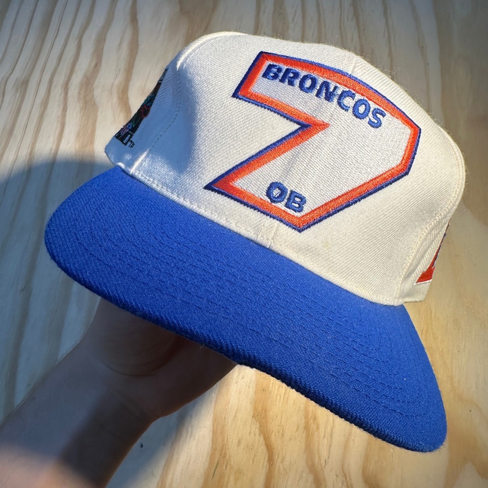 Vintage 90s Denver Broncos John Elway 7 AJD Snapback Hat White Blue NFL QB Club
